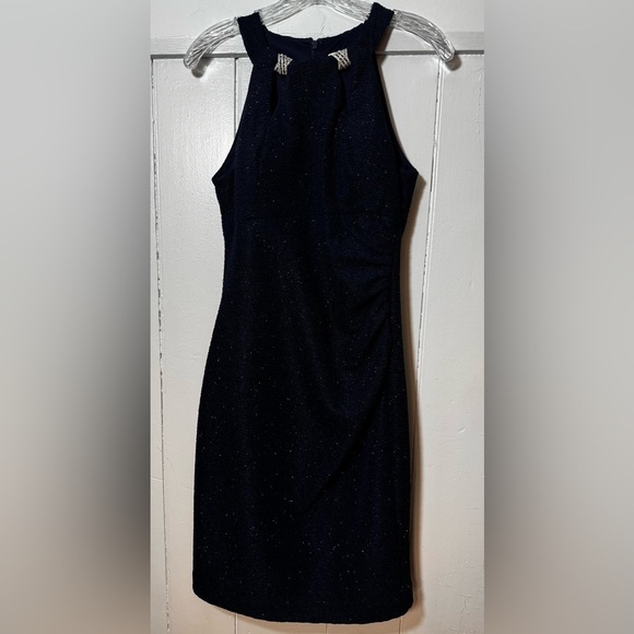 Eliza J Dresses & Skirts - EUC Eliza J Navy Sparkle Dress with Halter Style Neckline and Rhinestone Accents